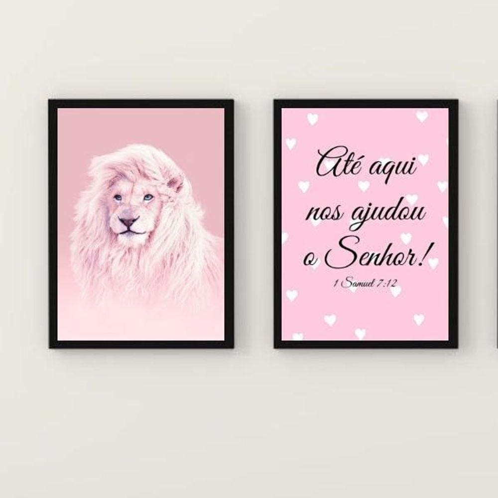 Kit 2 Quadros Leão Rosa 33x24cm - com Vidro