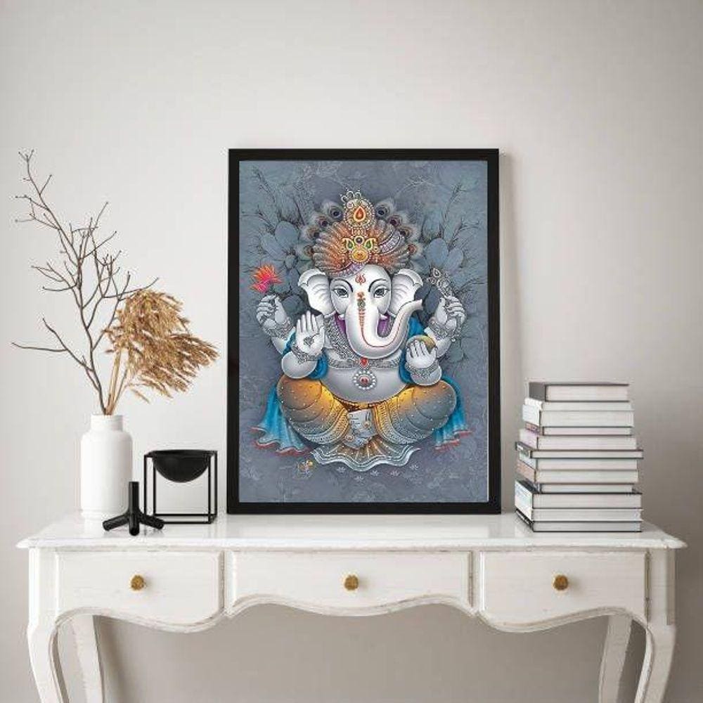 Quadro Ganesha Fundo Cinza 45x34cm - Madeira Branca