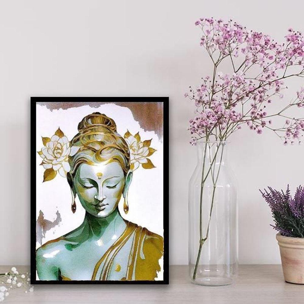 Quadro Buda Branco Com Dourado 33X24Cm Preta