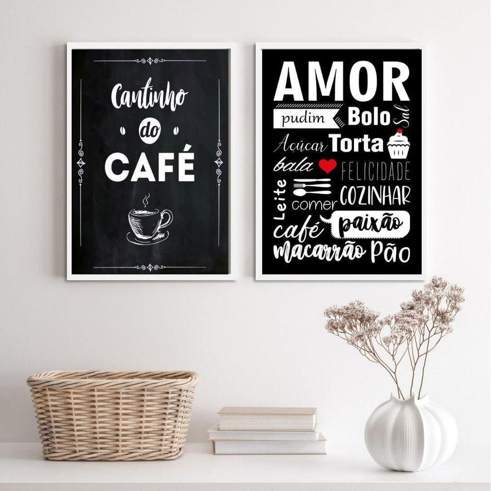 Kit 2 Quadros Café Amor 33x24cm - Vidro e Moldura Preta