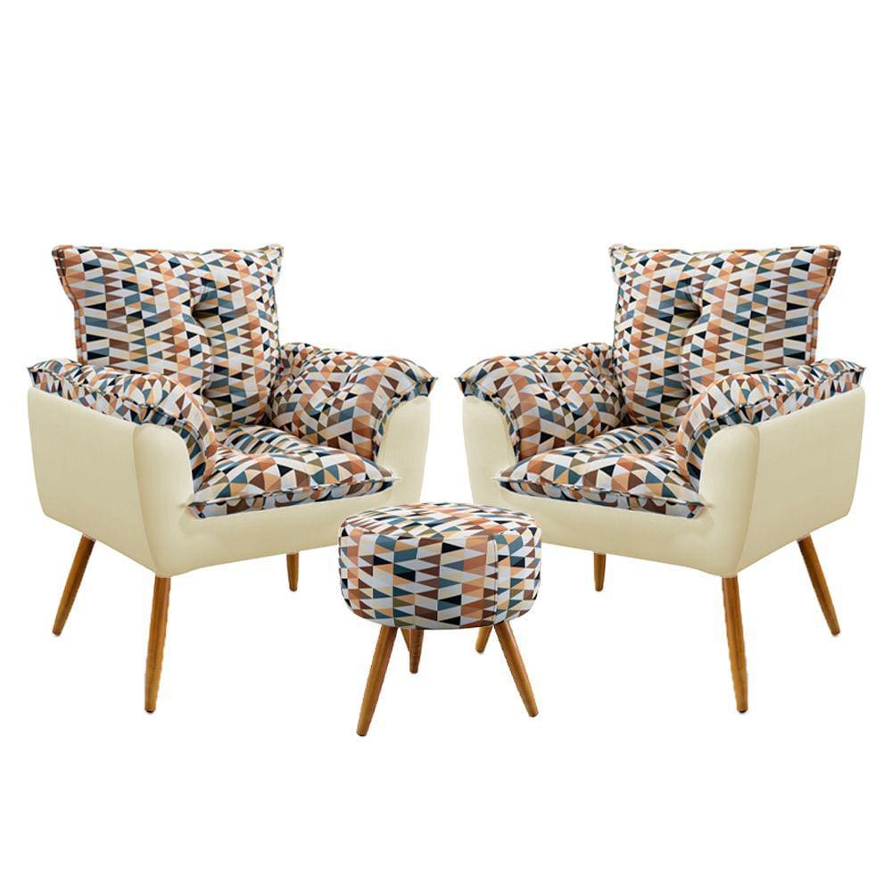 2 Poltronas Opala e Puff Solar F-014 Sued Estampado Bege com Veludo Aradecor