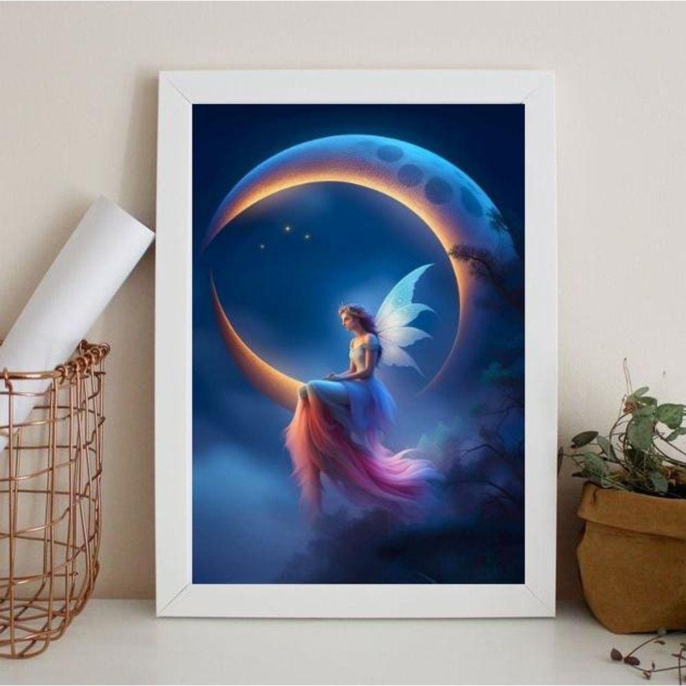 Quadro Decorativo Fada com Lua 45x34cm - Moldura Preta