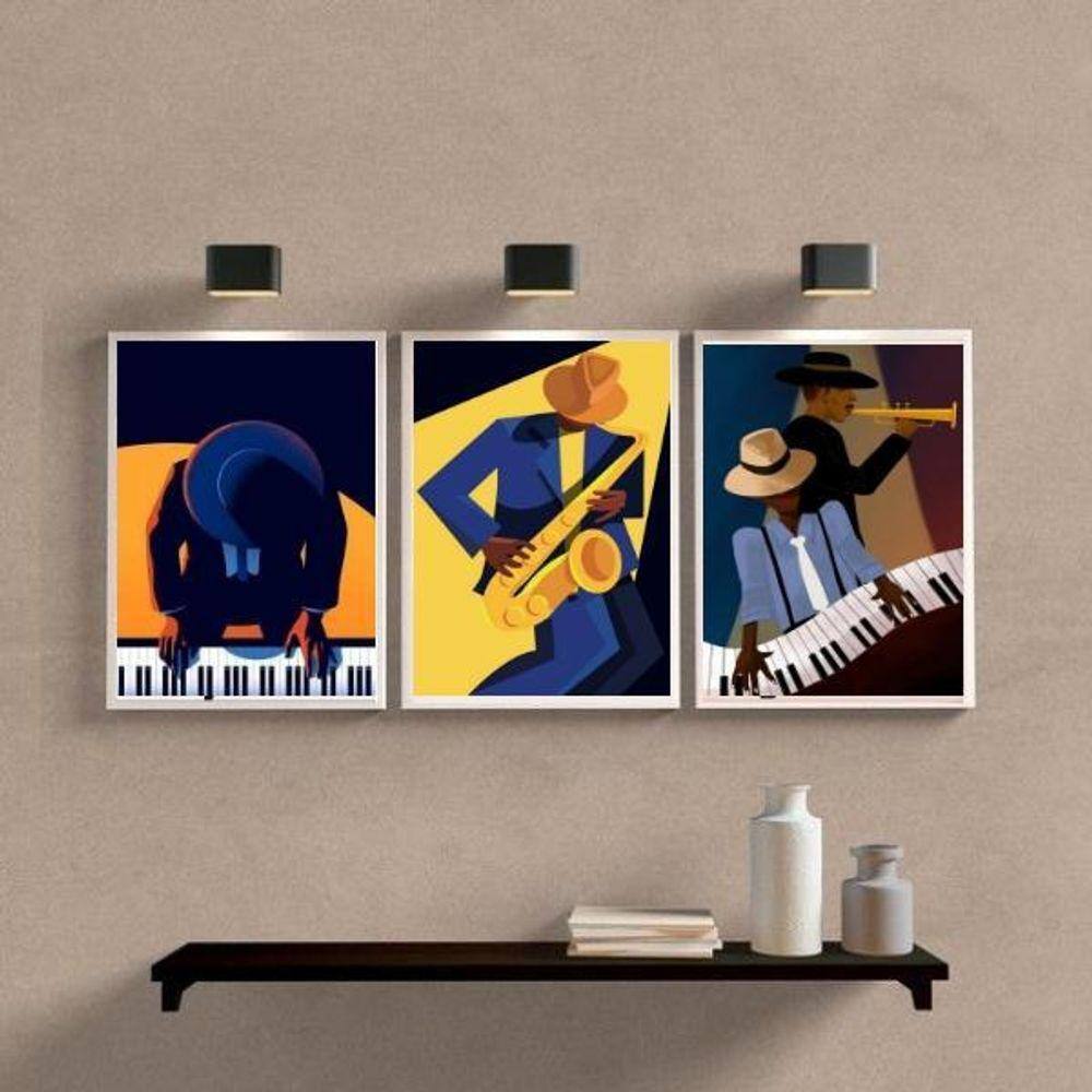 Kit 3 Quadros Músicos Piano e Saxofone 33x24cm - Madeira