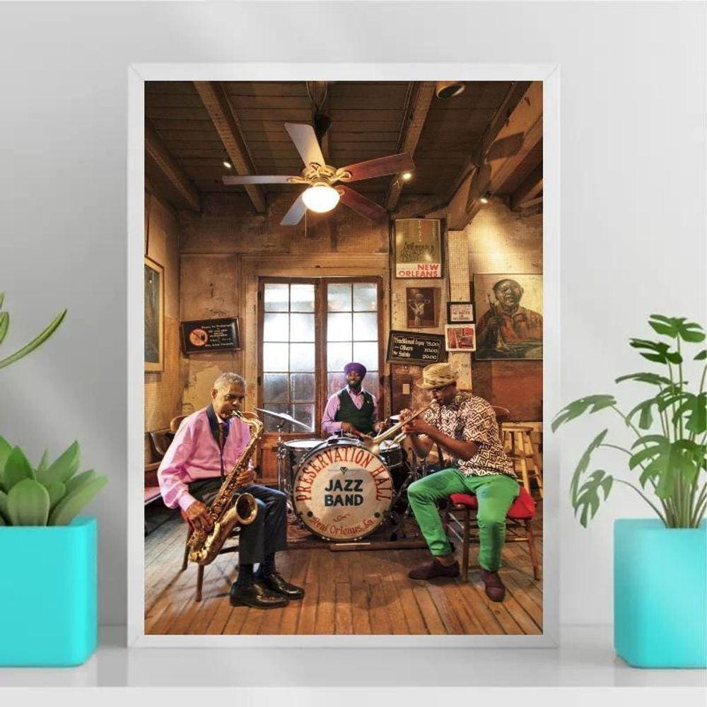 Quadro Jazz New Orleans 33x24cm Madeira Branca