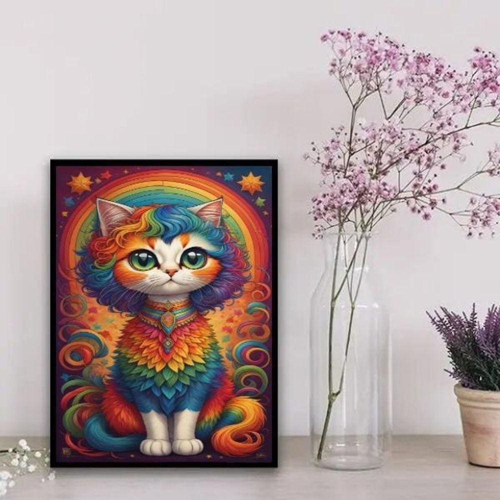 Quadro Gatinha Colorida 24x18cm - Moldura Madeira