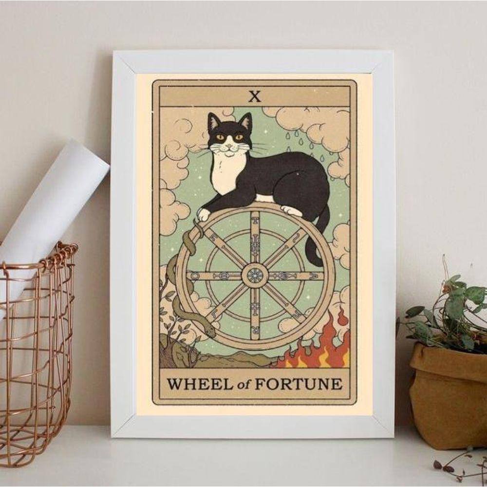 Quadro Tarot Roda da Fortuna Gato 45x34cm - Madeira Preta