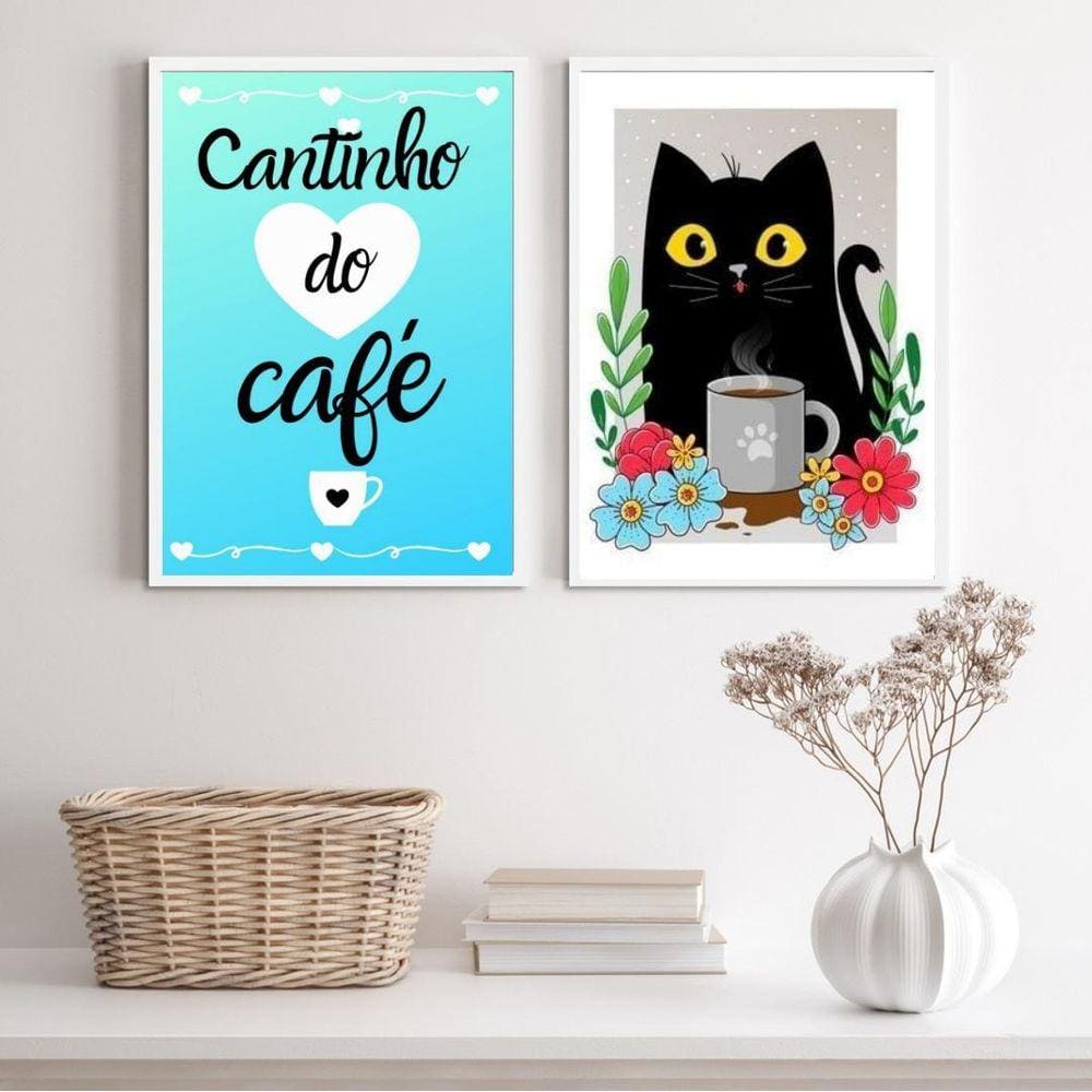 Kit 2 quadros café gatinho floral azul 24x18cm