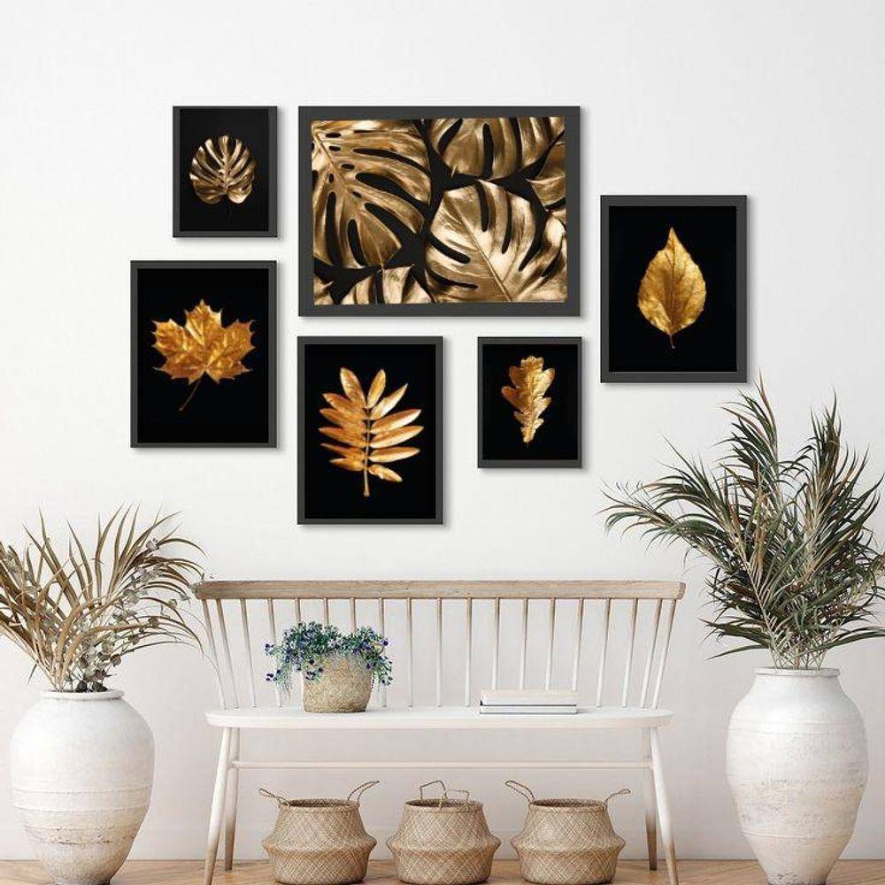 Kit 6 Quadros Folhas Douradas - Decoração Vários Ambientes