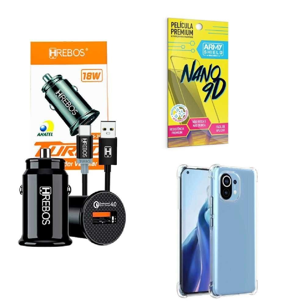 Kit Carregador Veicular + Capinha Mi11 Lite + Película 9D