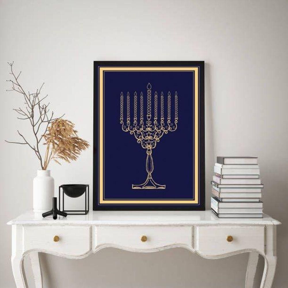 Quadro Judaico Menorah 33x24cm - Vidro e Moldura Preta