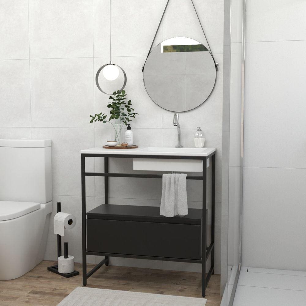 Gabinete para Banheiro Iron Black com Gaveteiro 80cmx45cm Preto Fosco/Branco Fosco