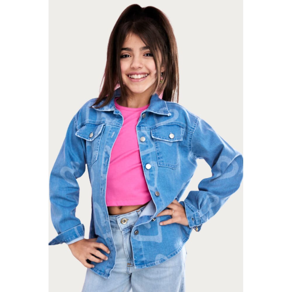 Camisa Debora Jeans Claro Corações Menina