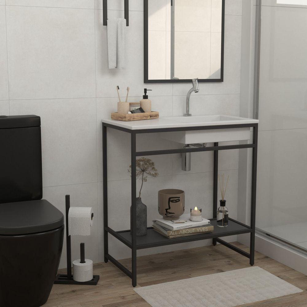Gabinete para Banheiro Iron Black 80cmx45cm Preto Fosco/Branco Fosco