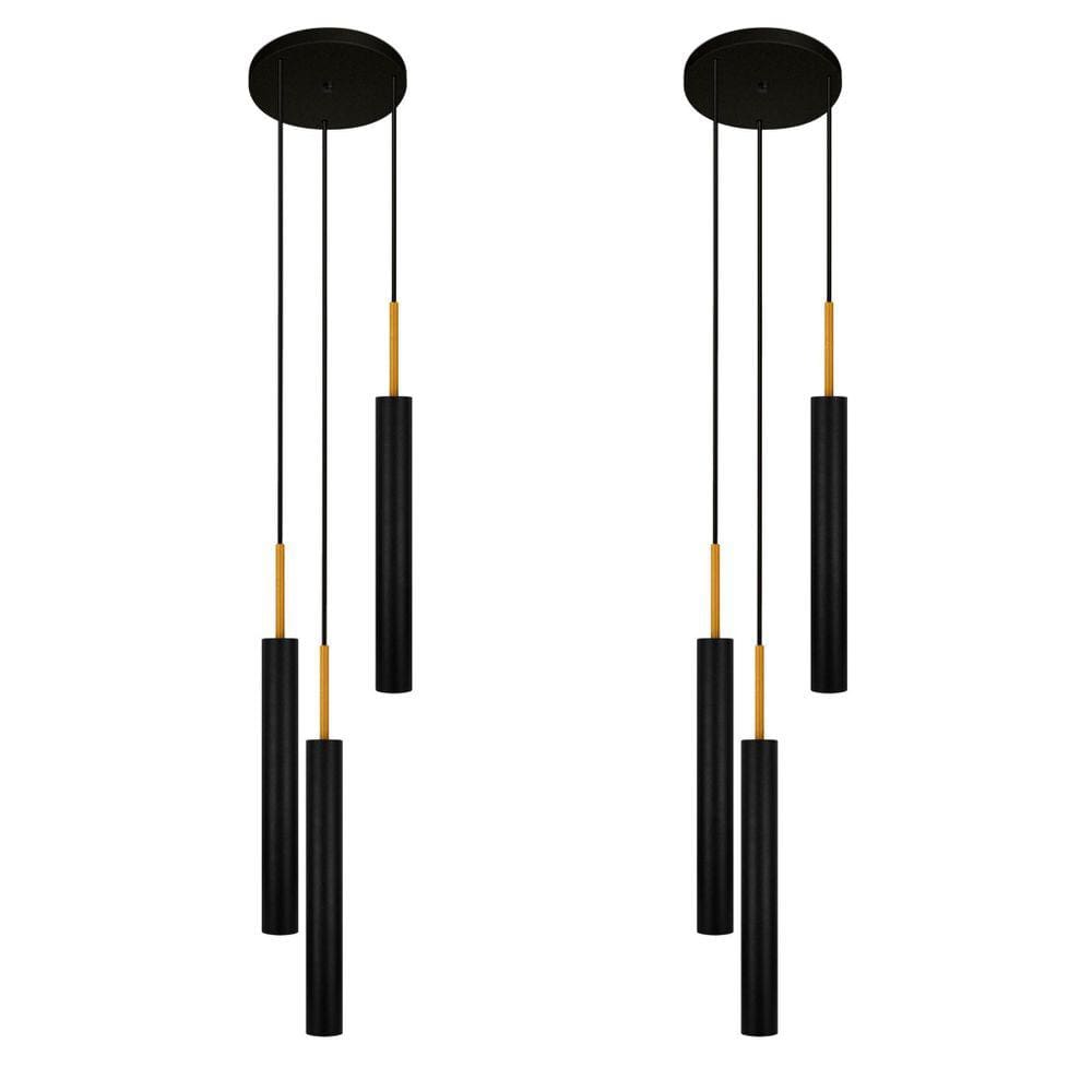 Kit 2 Luminárias Pendente Tubo Triplo Sala Preto Dourado