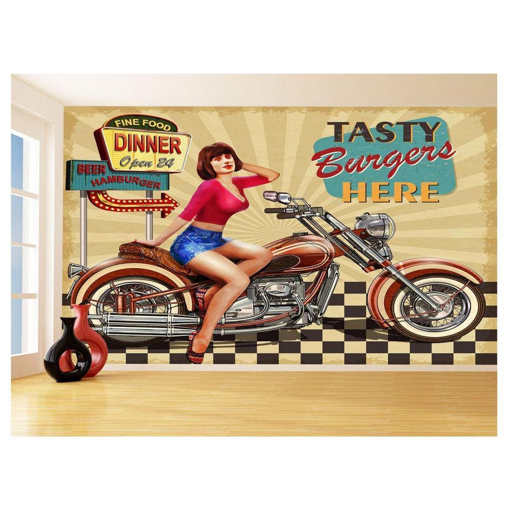 Papel De Parede 3D Moto Retrô Arte Pinup Custom 3,5M Bkm128