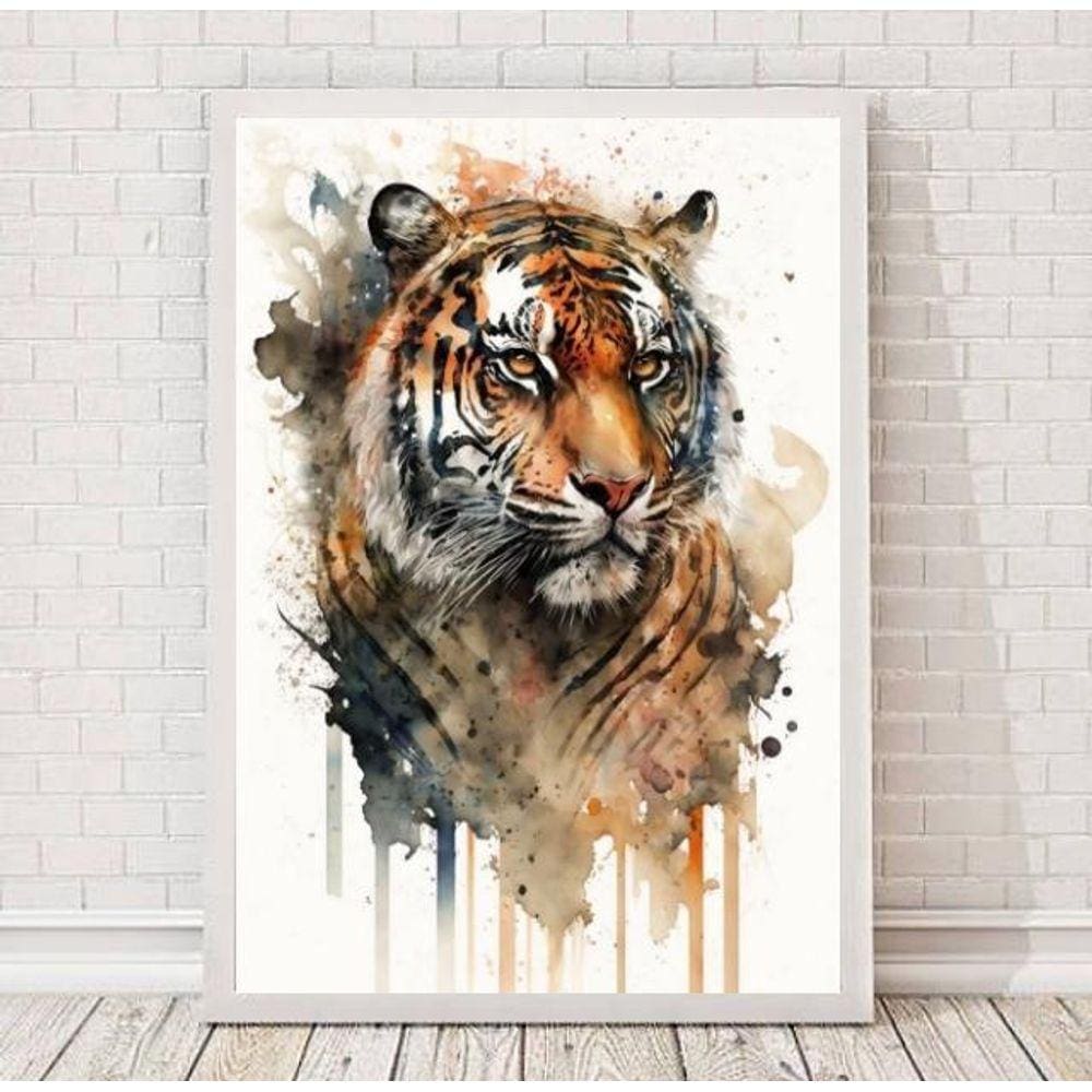 Quadro Tigre Aquarela 24x18cm com Vidro - Moldura Branca