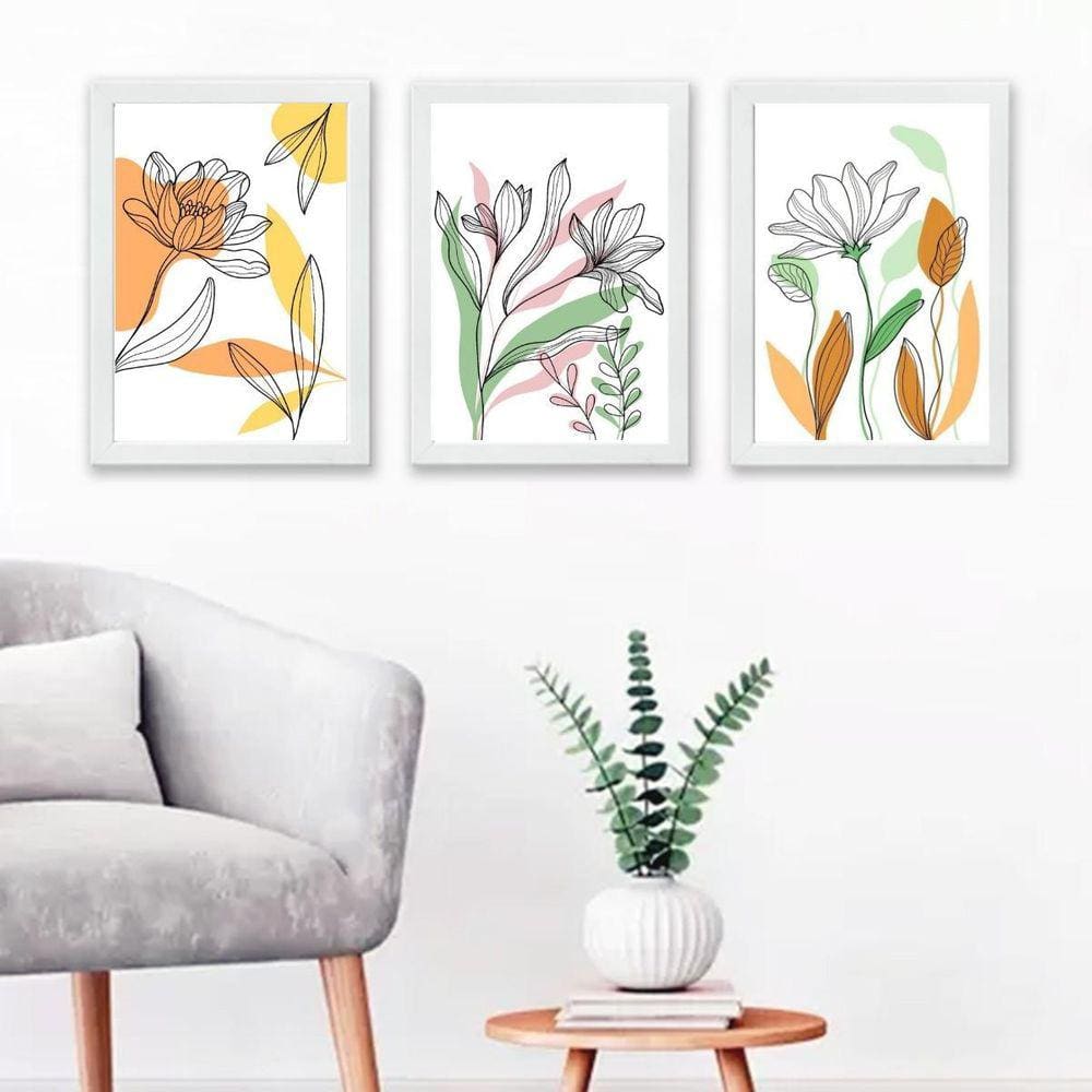 Kit 3 Quadros Decorativos Flores Aquarela 33x24cm - Branco