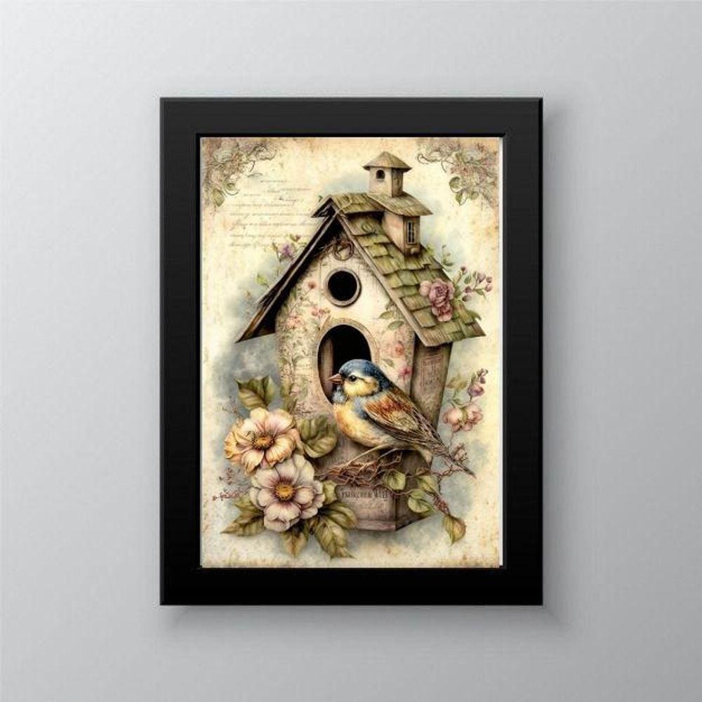 Quadro decorativo retrô vintage passarinho 33x24cm