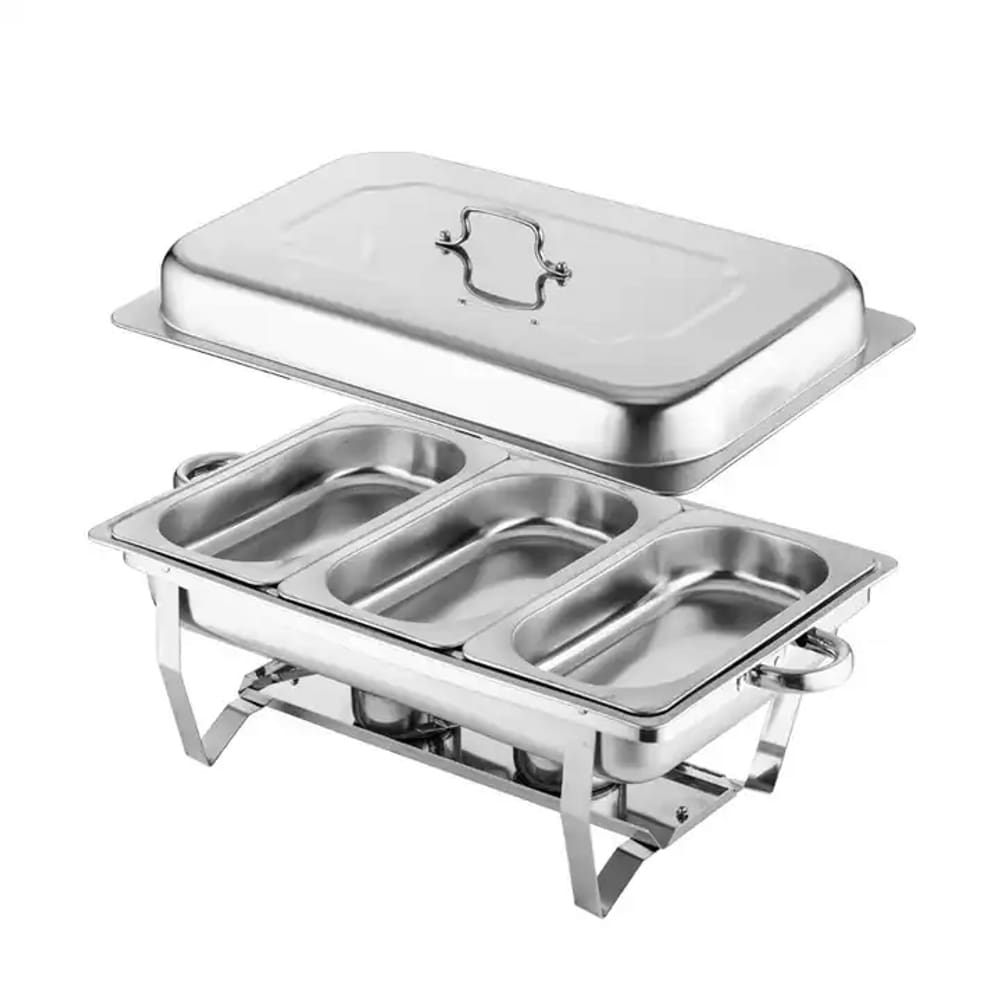 Rechaud RM Retangular em Aço Inox Banho com 3 Cubas e Fogareiro 11 L Buffet