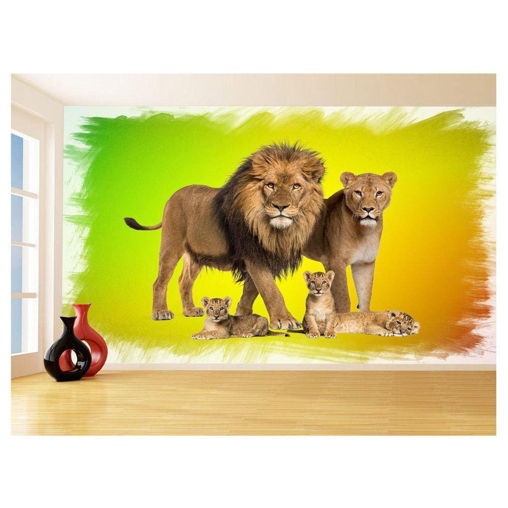 Papel De Parede Animais Leão Família Filhotes 3,5M Anm519