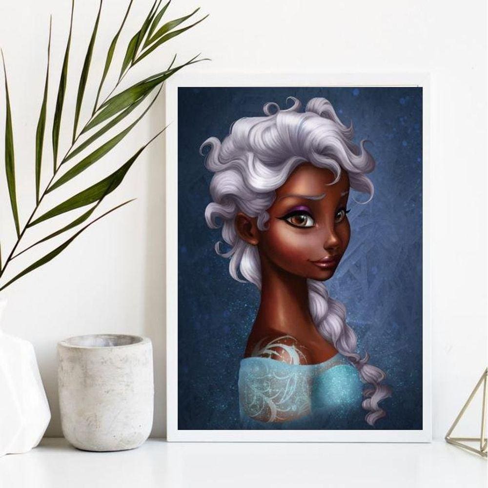 Quadro Princesa Elsa Negra 33x24cm Madeira Branca
