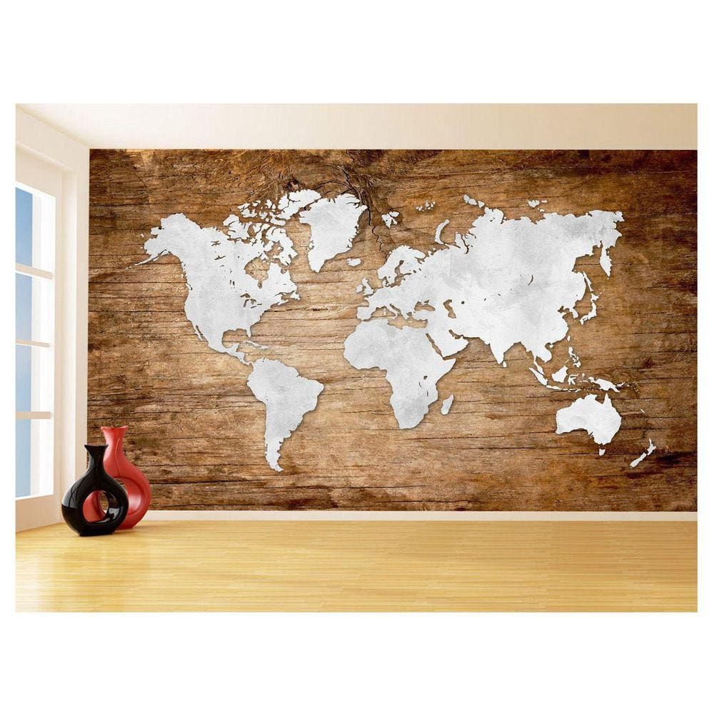 Papel De Parede 3D Mapa Mundi Madeira Concreto 3,5M Nmu22