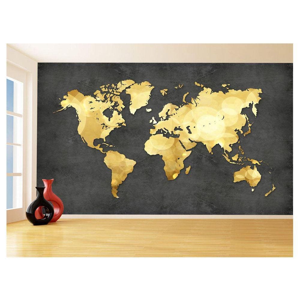 Papel De Parede 3D Mapa Mundi Concreto Dourado 3,5M Nmu34