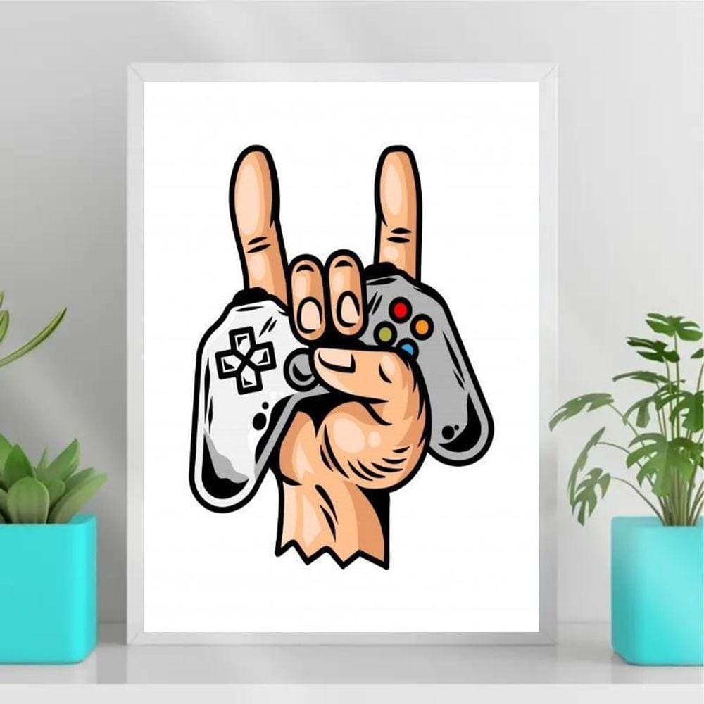 Quadro Gamer Mão c/ Controle - 33x24cm - Madeira Branca