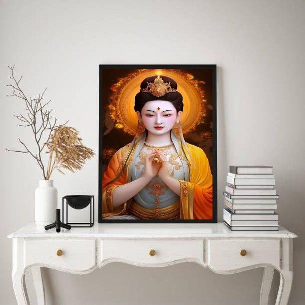 Quadro deusa chinesa kuan yin - Moldura branca 24x18cm