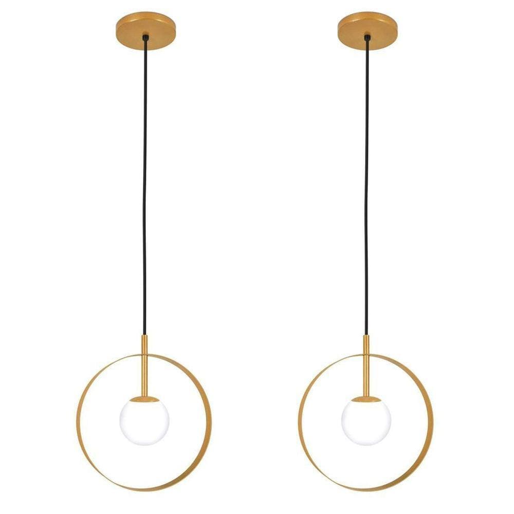 Kit 2 Luminárias Pendente Círculo Globo Vidro Mesa Dourado