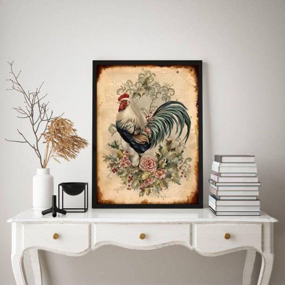 Quadro Galo Country Retrô 45x34cm - Madeira Branca