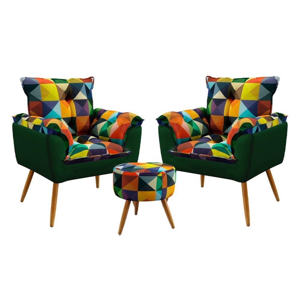 Kit 2 Poltronas Beta e Puff Solar F-015 Sued Estampado Colorido com Sued Aradecor