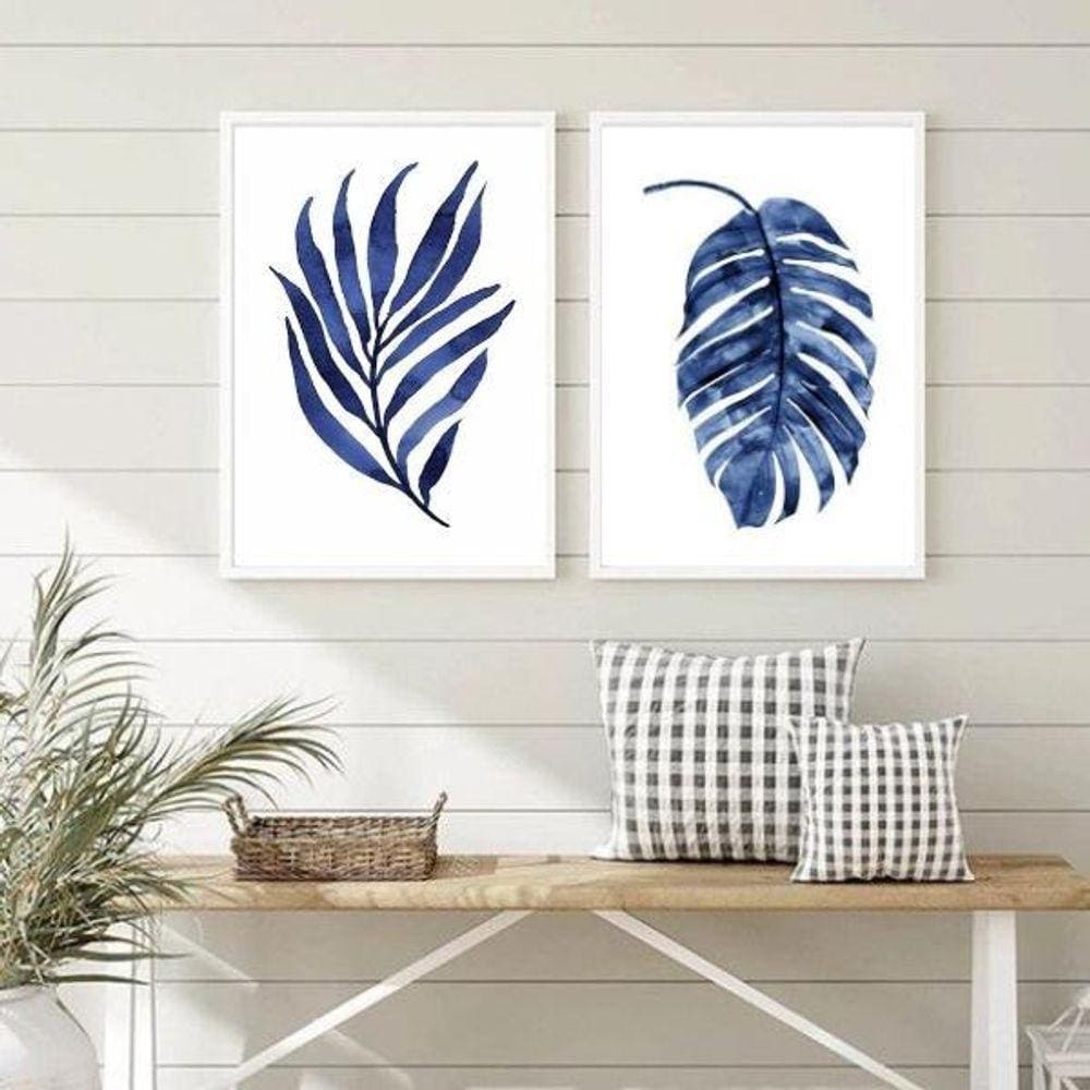 Quadros Minimalistas Folhas Azuis Aquarela 24x18cm c/ Vidro