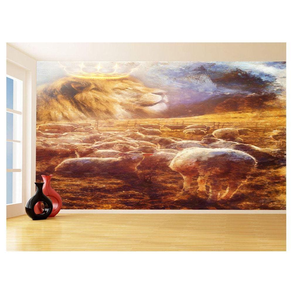 Papel De Parede 3D Religioso Leão Rebanho Coroa 3,5M Rl99