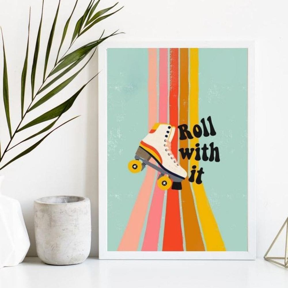 Quadro Decorativo Patins Retrô 45x34cm - Vidro e Moldura Branca