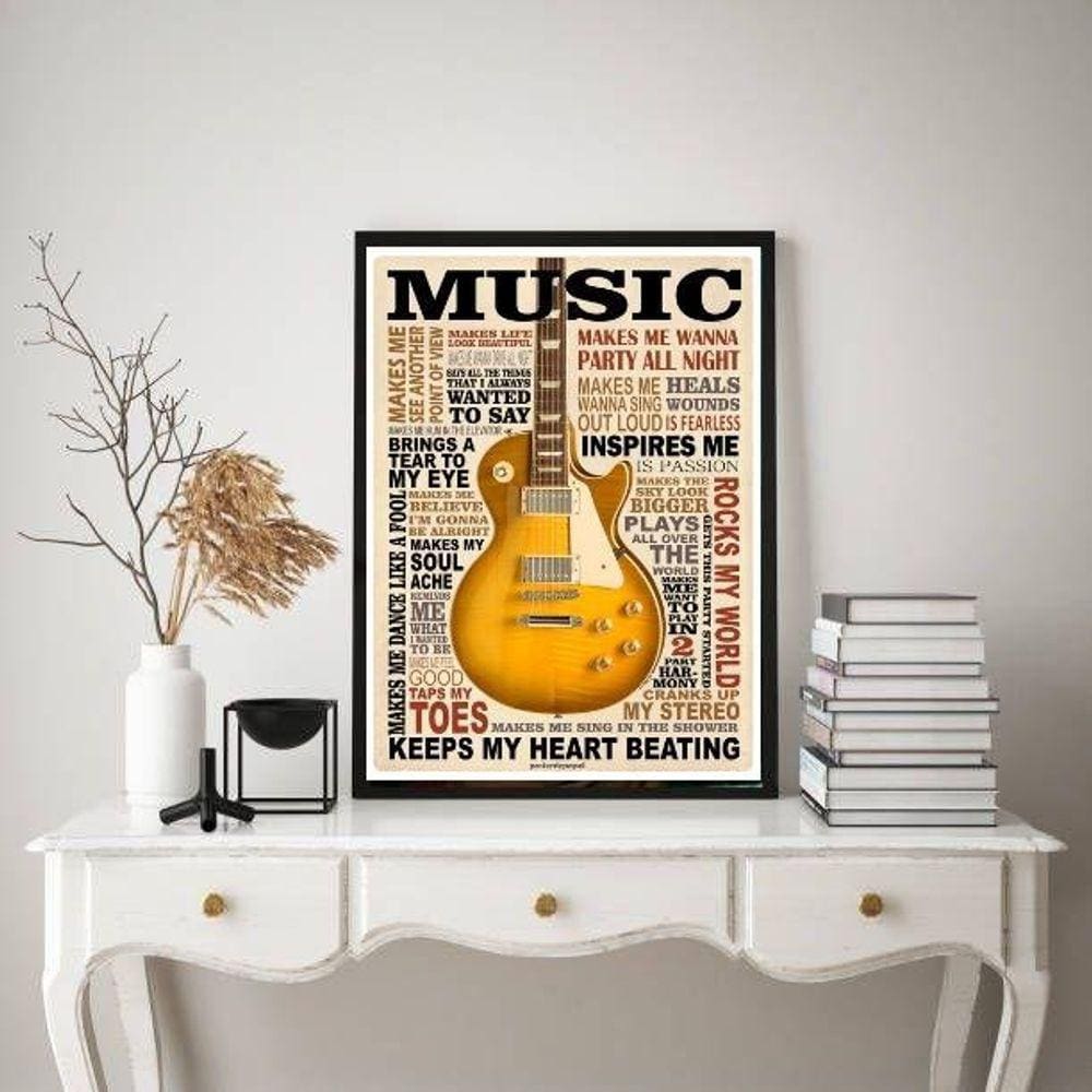 Quadro Guitarra Amarela 45x34cm Moldura Preta