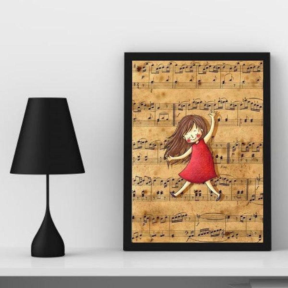 Quadro Infantil Música Menina - 45x34cm - Madeira Branca