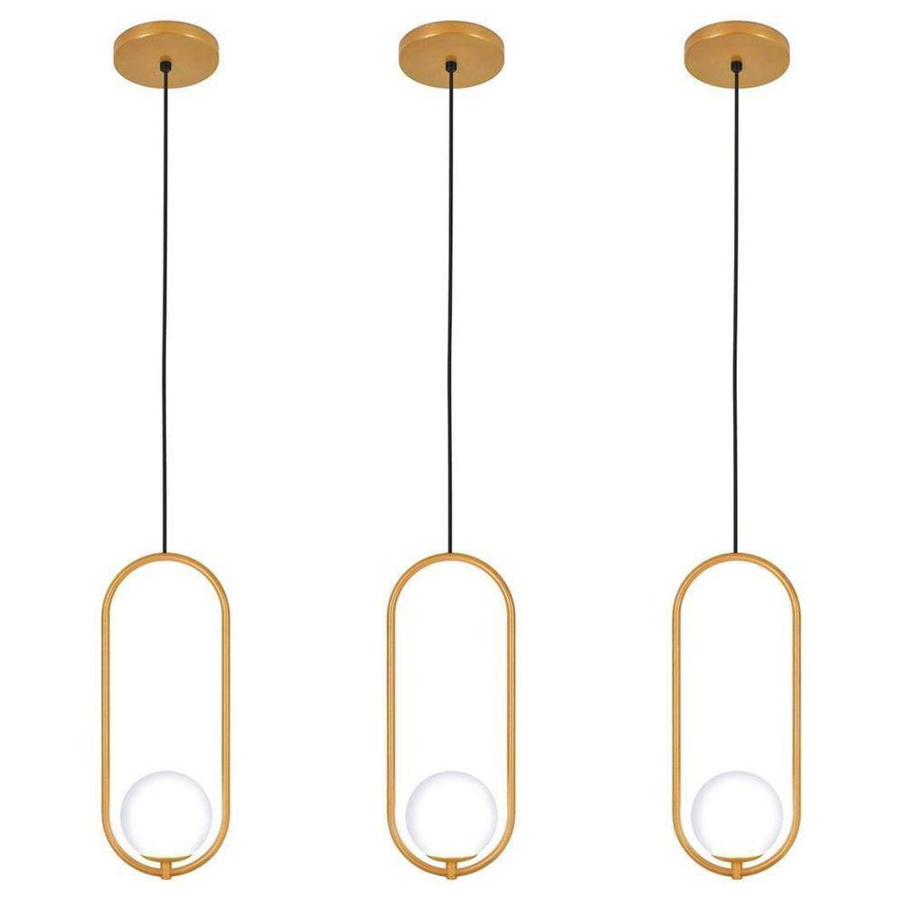 Kit 3 Luminárias Pendente Arco Globo Vidro Sala Cama Dourado