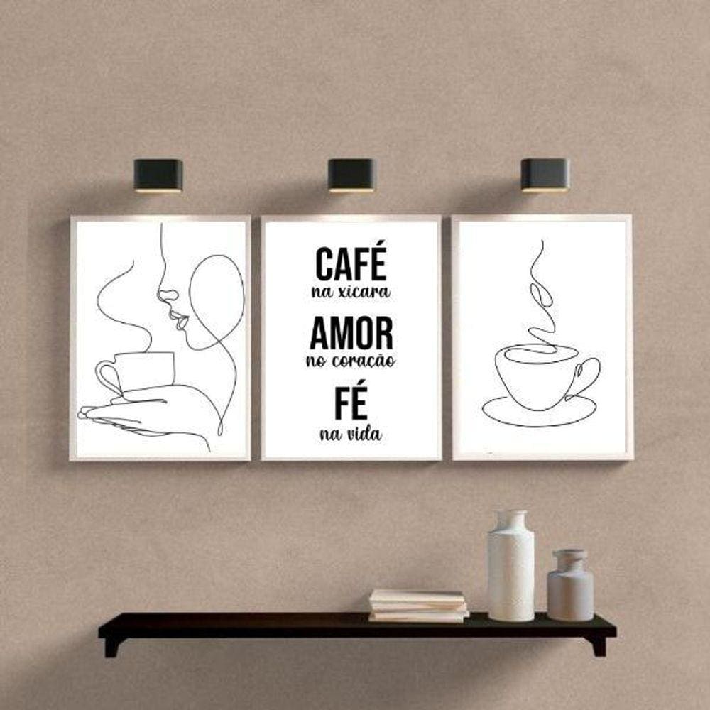 Kit 3 Quadros Café 33x24cm - Moldura Preta
