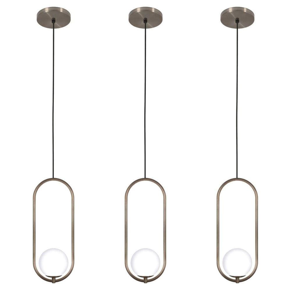 Kit 3 Pendentes Luminária Arco Globo Vidro Cabeceira Bronze