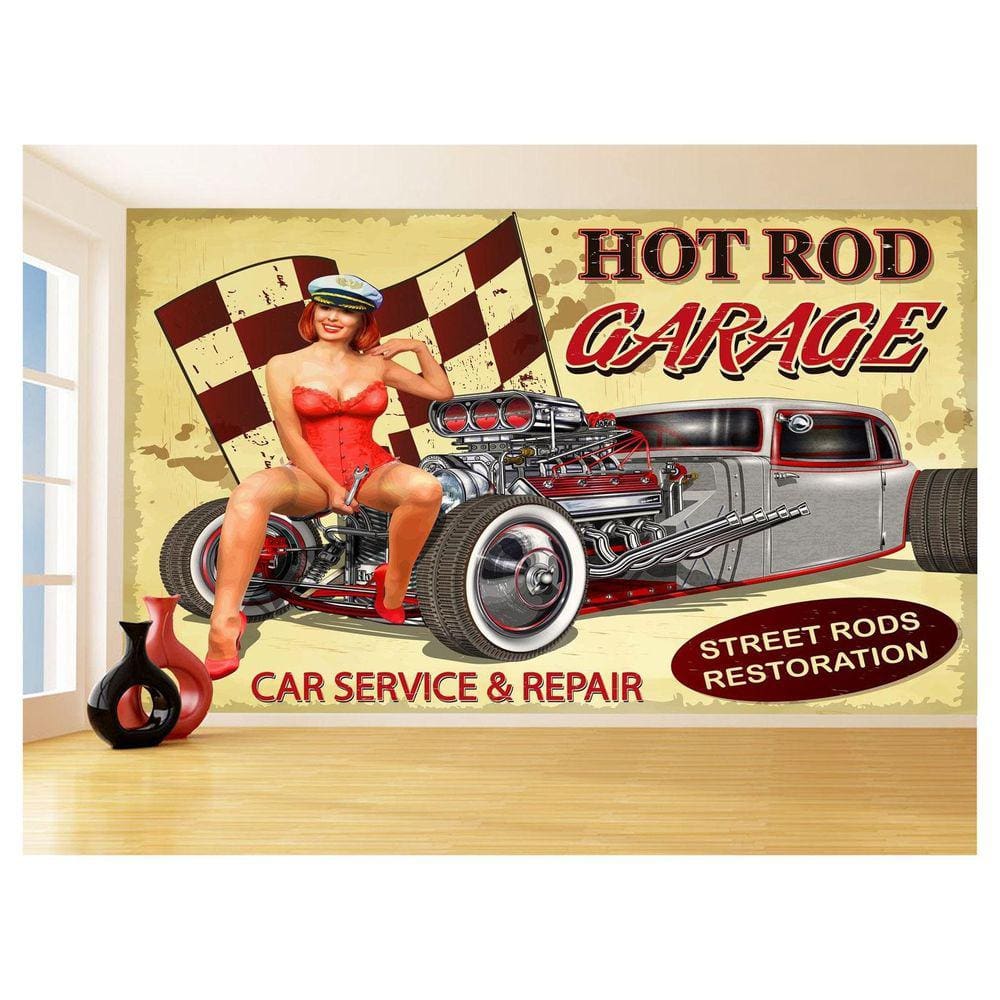 Papel De Parede 3D Carro Antigo Hot Rod Pin Up 3,5M Cxr95