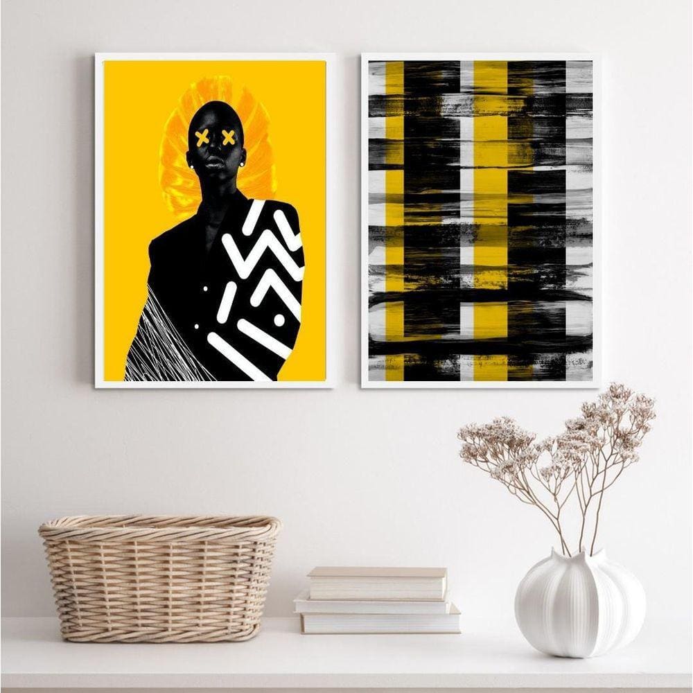 Kit 2 Quadros Mod. Preto/Amarelo Mulher Abstrato 24x18cm