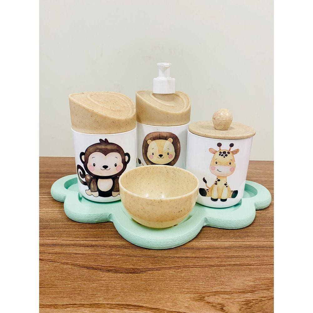 Kit Higiene Leão, Macaco, Girafa Madeira C/Bandeja Nuvem Verde