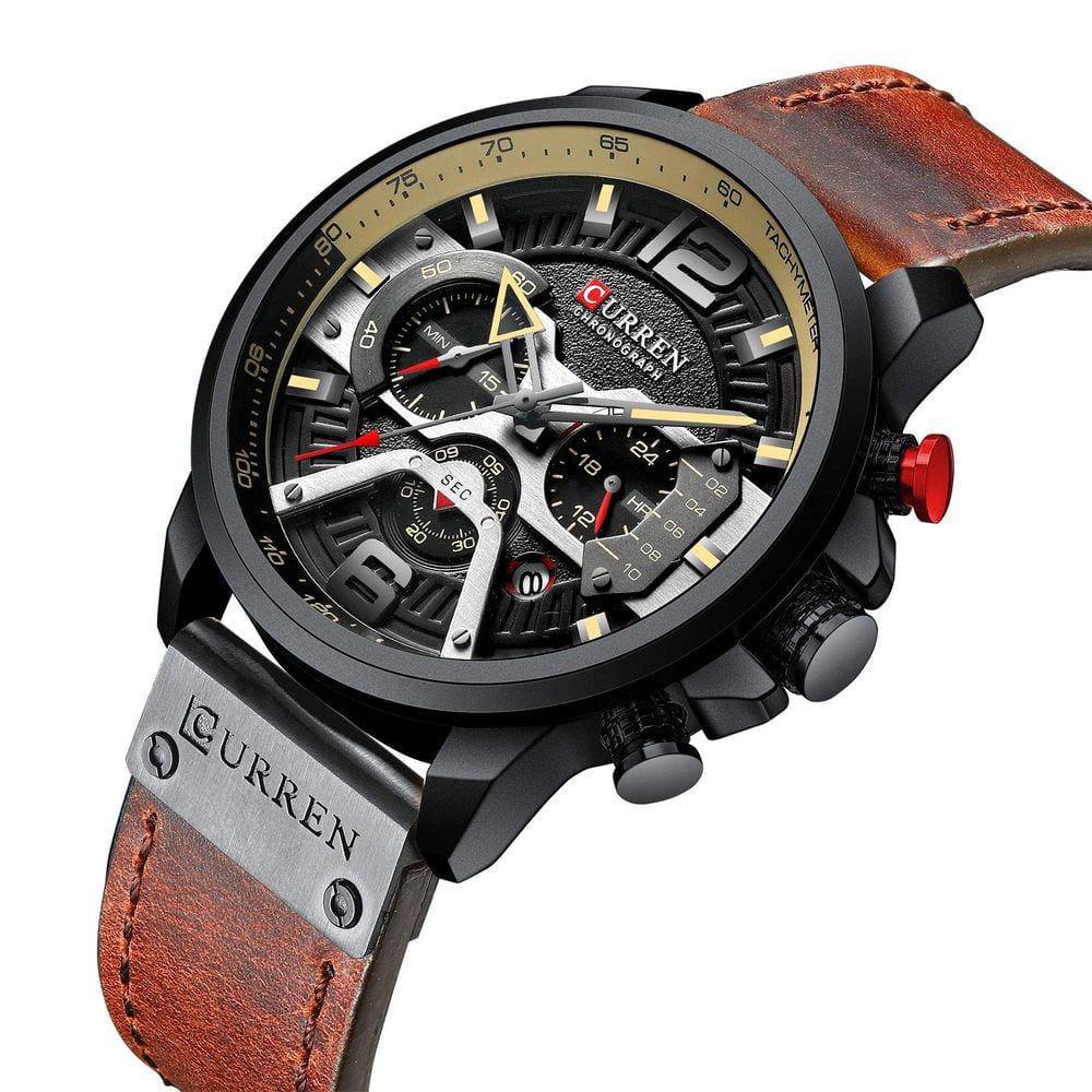 Relógio CRRJU Fashion Chronograph Brown Leather Date Black Dia