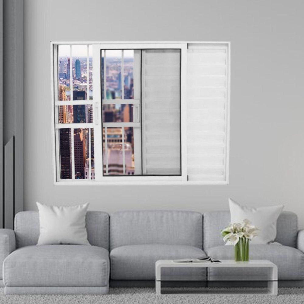 Janela Veneziana de Alumínio 3 Folhas 100 x 100cm com Grade Linha 25 Esquadrias Bergame Branco