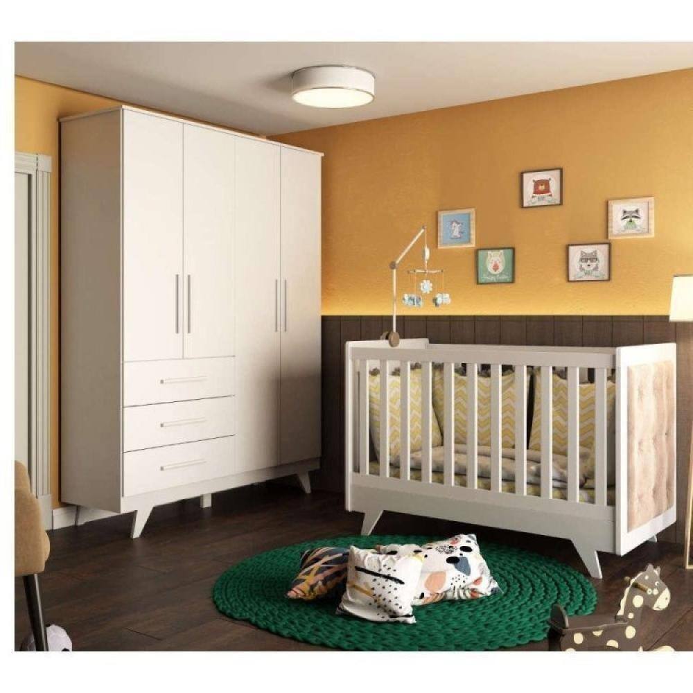 Conjunto para Quarto de Bebê com Guarda Roupa e Berço com Capitone Retrô Móveis Peroba Branco Brilho/Pena Areia