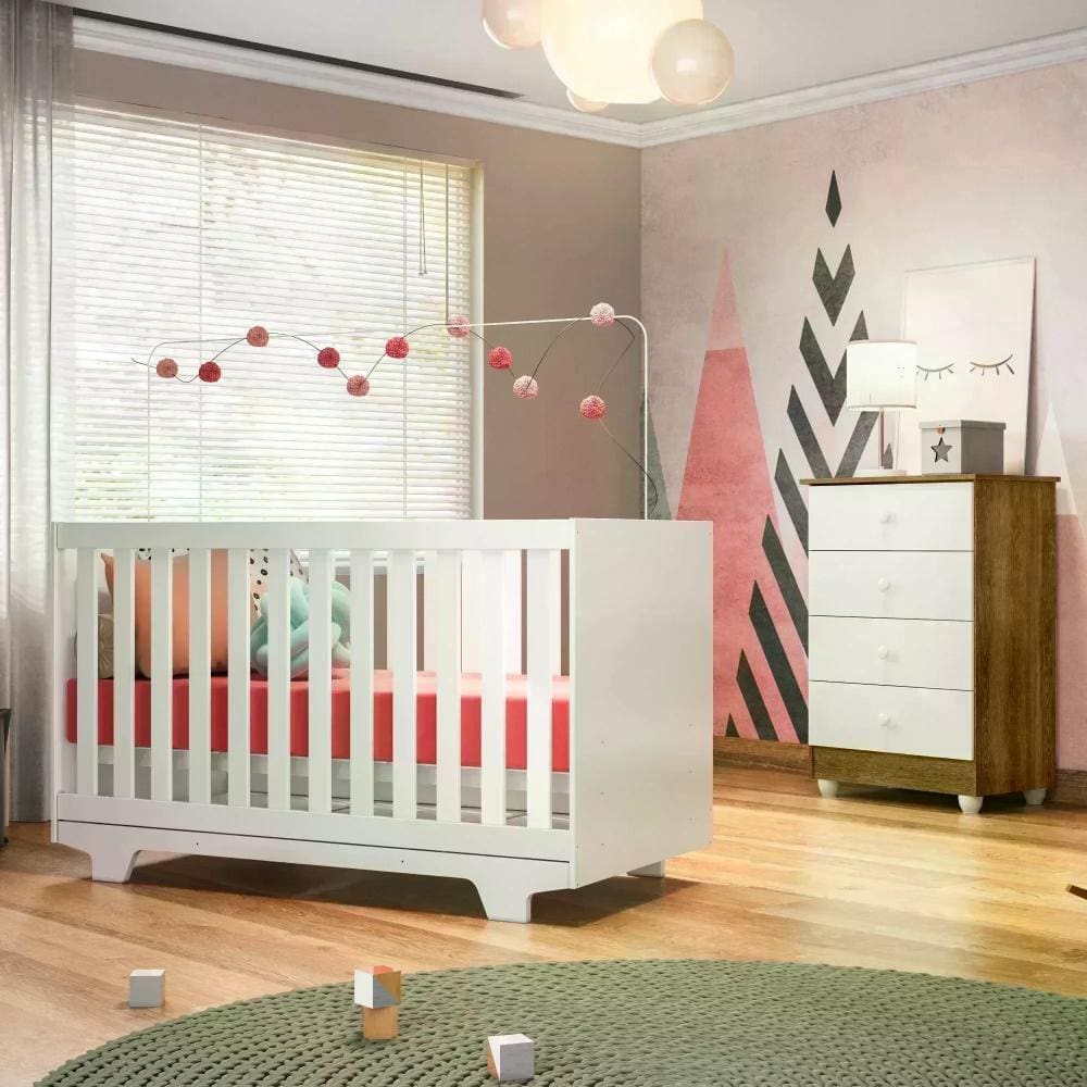 Quarto de Bebê 100% MDF com Berço Mini Cama Life e Cômoda Soft Life Branco/Madeirado Ypê