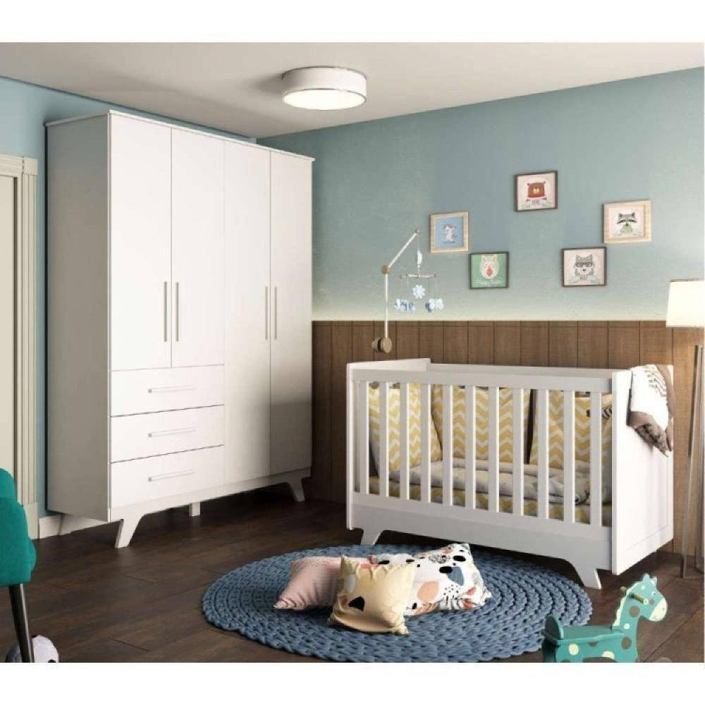 Conjunto para Quarto de Bebê com Guarda Roupa 4 Portas 3 Gavetas e Berço Retrô Móveis Peroba Branco Brilho