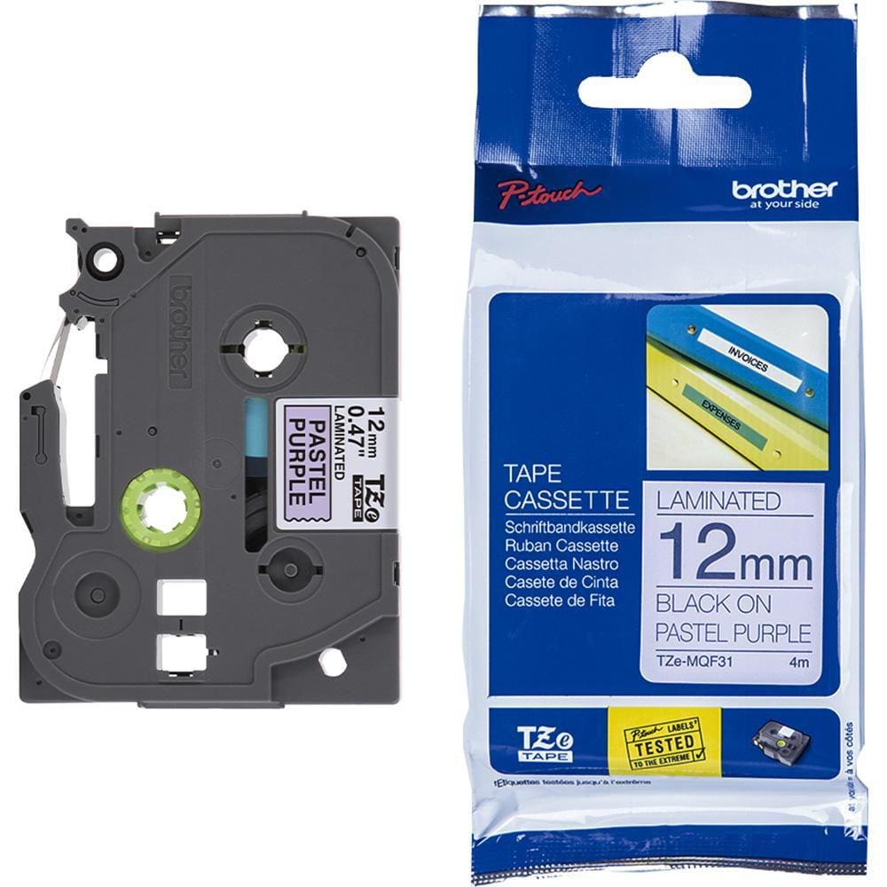 Fita Brother TZE-MQF31 12mm Preto sobre Roxo Pastel