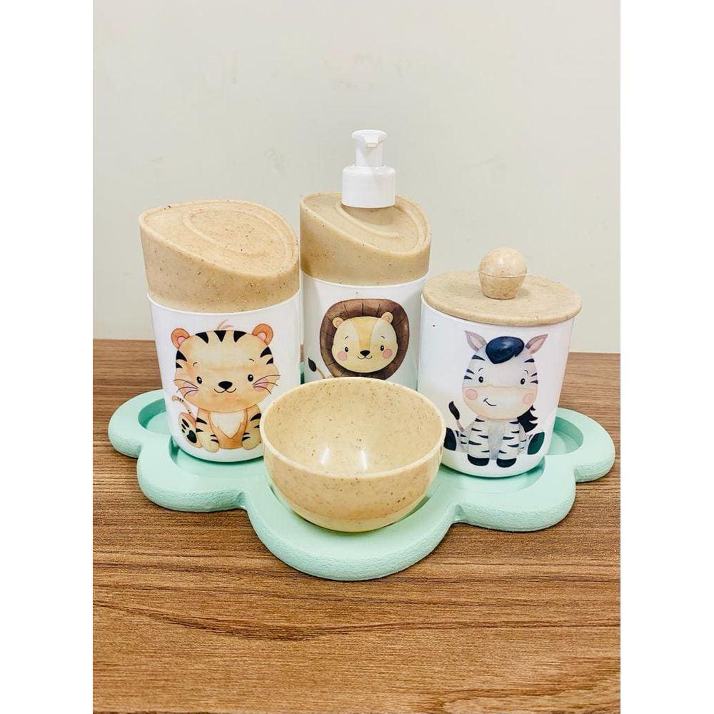Kit Higiene Leão, Tigre, Zebra Madeira C/Bandeja Nuvem Verde